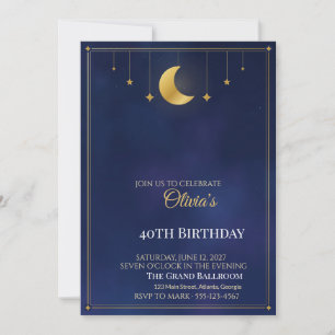 Starry Night Birthday Invitation, Navy Gold Moon Invitation