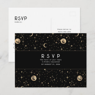 Starry Night Black and Gold Wedding RSVP Postcard