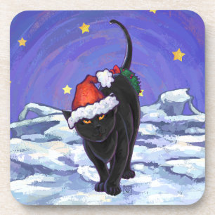 Starry Night Black Cat Christmas Coaster