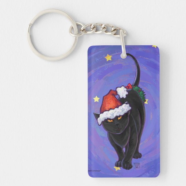 Starry Night Black Cat Christmas Keychain (Front)