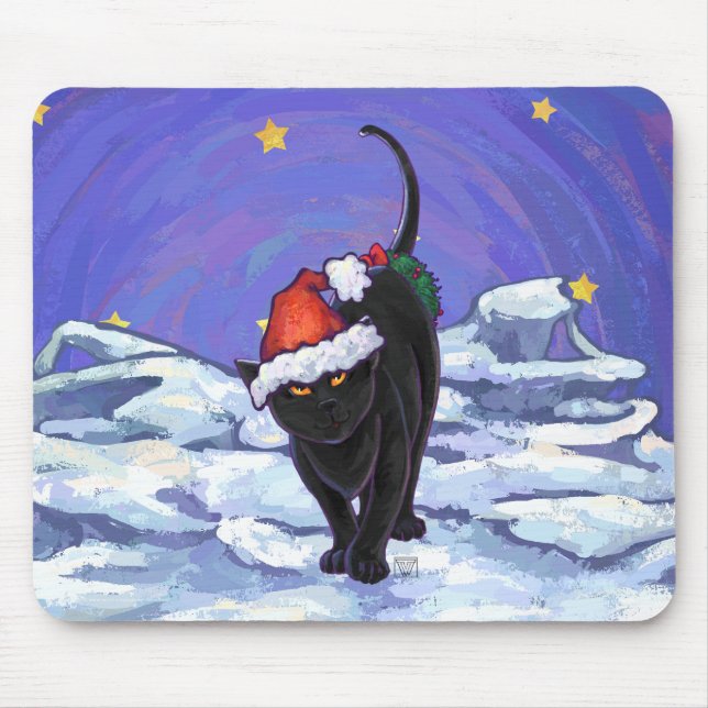 Starry Night Black Cat Christmas Mouse Pad (Front)