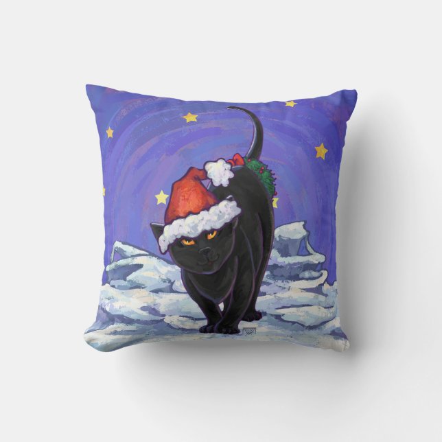 Starry Night Black Cat Christmas Throw Pillow (Front)
