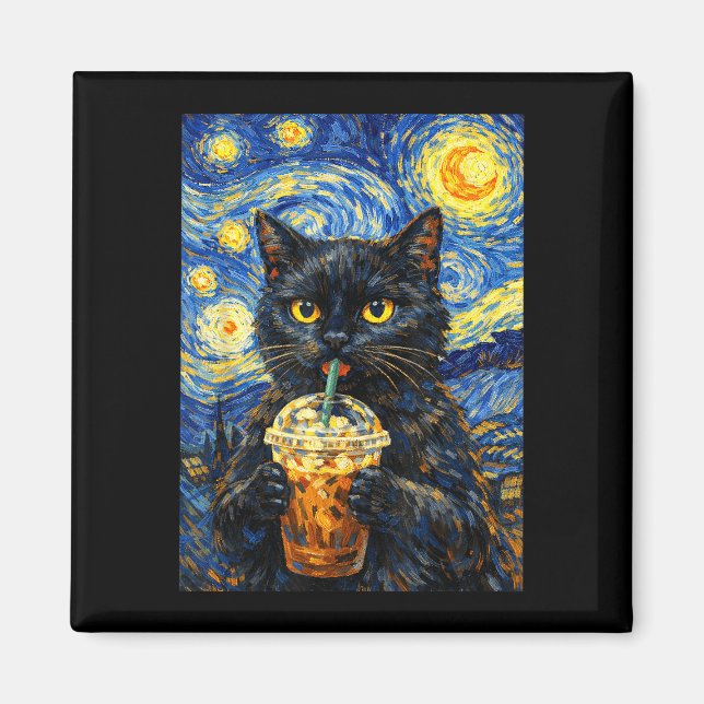 Starry night black cat coffee van gogh style funny magnet (Front)