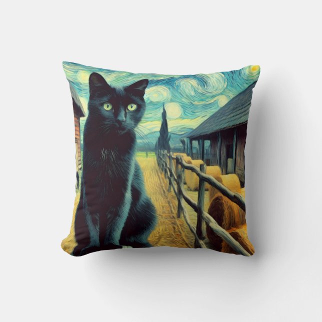 Starry Night Black Cat Green Eyes Throw Pillow (Front)