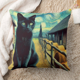 Starry Night Black Cat Green Eyes Throw Pillow