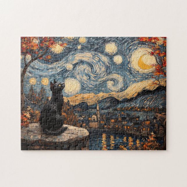 Starry Night Black Cat Jigsaw Puzzle (Horizontal)