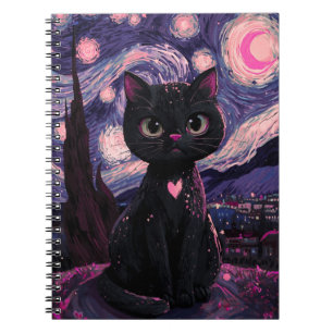 Starry Night Black Cat Notebook   Dreamy Celestial
