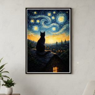 Starry Night Black Cat Rooftop Inspired Pet Art  Poster
