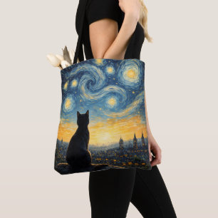 Starry Night Black Cat Rooftop Inspired Pet Art  Tote Bag