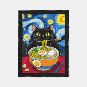 Starry Night Black Fat Cat Ramen Funny Black Fat C Fleece Blanket