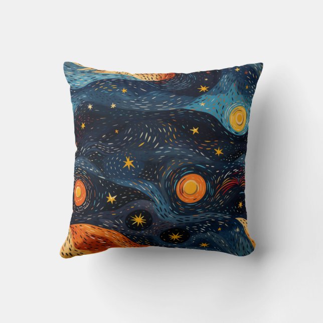 "Starry Night Blue and Orange Throw Pillow (Back)