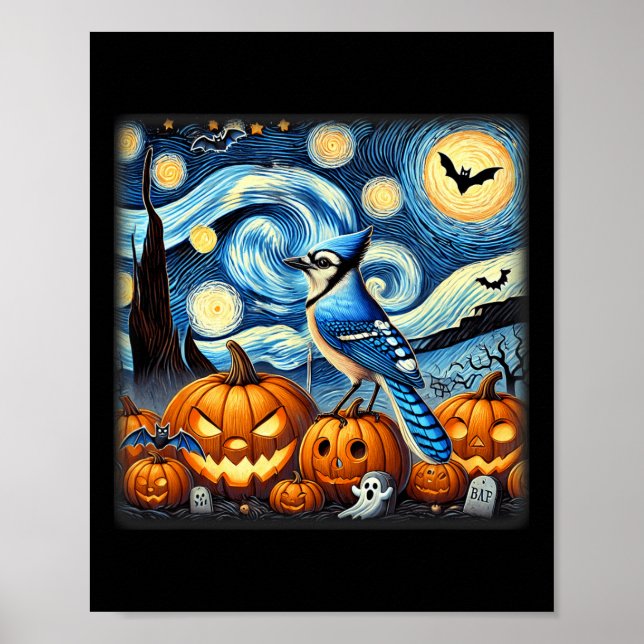Starry Night Blue Jay Halloween  Poster (Front)