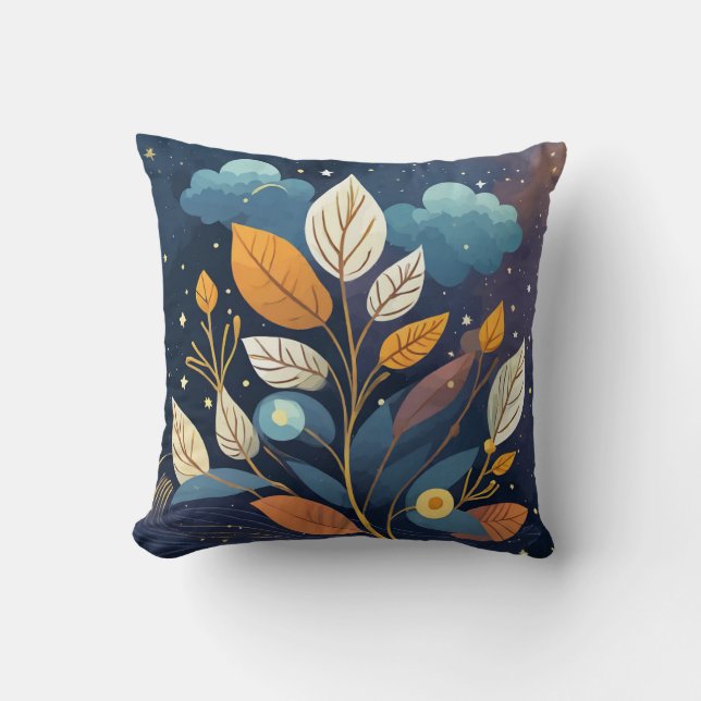 Starry Night Blue Orange Autumn Leaves Throw Pillow (Front)
