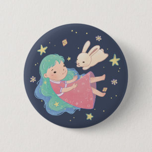 Starry Night Bunny & Girl Illustration 2 Inch Round Button