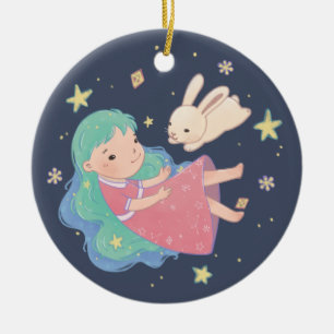 Starry Night Bunny & Girl Illustration Ceramic Ornament