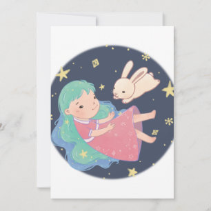 Starry Night Bunny & Girl Illustration Invitation