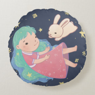Starry Night Bunny & Girl Illustration Round Pillow