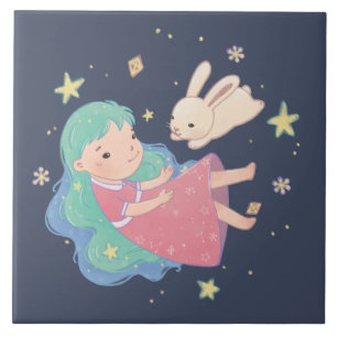 Starry Night Bunny & Girl Illustration Tile