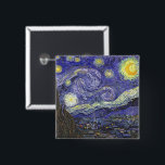 Starry Night by Vincent van Gogh 2 Inch Square Button<br><div class="desc">Starry Night by Vincent van Gogh is a vintage fine art post impressionism landscape cityscape painting featuring a view of Saint Remy, France from van Gogh's asylum. The night sky is swirling with clouds with a bright crescent moon and shining stars over the quaint village. Starry Night is probably van...</div>