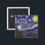 Starry Night by Vincent van Gogh 2 Inch Square Button<br><div class="desc">Starry Night by Vincent van Gogh is a vintage fine art post impressionism landscape cityscape painting featuring a view of Saint Remy, France from van Gogh's asylum. The night sky is swirling with clouds with a bright crescent moon and shining stars over the quaint village. Starry Night is probably van...</div>