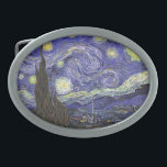 Starry Night by Vincent van Gogh Oval Belt Buckle<br><div class="desc">Starry Night by Vincent van Gogh is a vintage fine art post impressionism landscape cityscape painting featuring a view of Saint Remy, France from van Gogh's asylum. The night sky is swirling with clouds with a bright crescent moon and shining stars over the quaint village. Starry Night is probably van...</div>