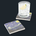 Starry Night by Vincent van Gogh Stone Coaster<br><div class="desc">Starry Night by Vincent van Gogh is a vintage fine art post impressionism landscape cityscape painting featuring a view of Saint Remy, France from van Gogh's asylum. The night sky is swirling with clouds with a bright crescent moon and shining stars over the quaint village. Starry Night is probably van...</div>