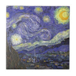 Starry Night by Vincent van Gogh Tile<br><div class="desc">Starry Night by Vincent van Gogh is a vintage fine art post impressionism landscape cityscape painting featuring a view of Saint Remy, France from van Gogh's asylum. The night sky is swirling with clouds with a bright crescent moon and shining stars over the quaint village. Starry Night is probably van...</div>