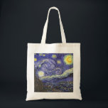 Starry Night by Vincent van Gogh Tote Bag<br><div class="desc">Starry Night by Vincent van Gogh is a vintage fine art post impressionism landscape cityscape painting featuring a view of Saint Remy, France from van Gogh's asylum. The night sky is swirling with clouds with a bright crescent moon and shining stars over the quaint village. Starry Night is probably van...</div>