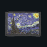 Starry Night by Vincent van Gogh Trifold Wallet<br><div class="desc">Starry Night by Vincent van Gogh is a vintage fine art post impressionism landscape cityscape painting featuring a view of Saint Remy, France from van Gogh's asylum. The night sky is swirling with clouds with a bright crescent moon and shining stars over the quaint village. Starry Night is probably van...</div>