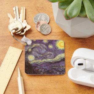 Starry Night by Vincent van Gogh, Vintage Fine Art Keychain