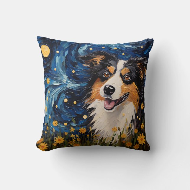 Starry Night Canine Dreamscape - Van Gogh Inspired Throw Pillow (Front)