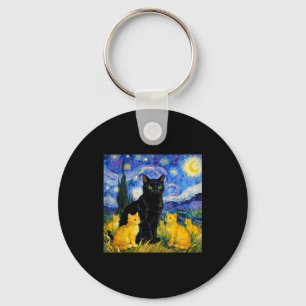 Starry Night Cat Artistic Black Cat & Kittens Keychain