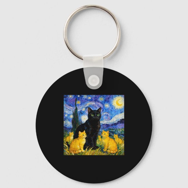 Starry Night Cat Artistic Black Cat &amp; Kittens  Keychain (Front)