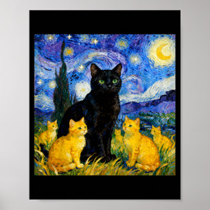 Starry Night Cat Artistic Black Cat &amp; Kittens  Poster