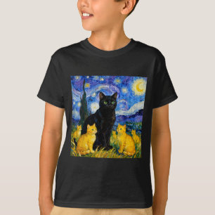 Starry Night Cat Artistic Black Cat &amp; Kittens  T-Shirt