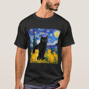 Starry Night Cat Artistic Black Cat & Kittens T-Shirt