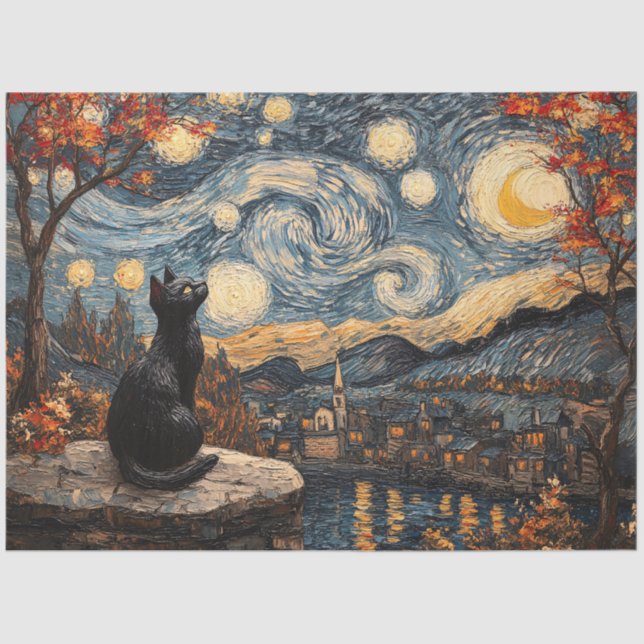 Starry Night Cat Decoupage Tissue Paper (Front)