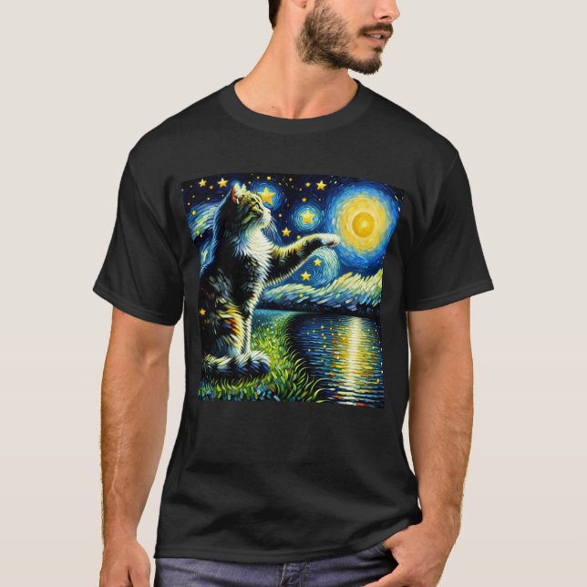 Starry Night Cat Kitten Van Gogh Lover T-Shirt (Front)
