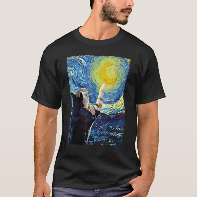 Starry Night Cat Painting Kitten Kitty Cat Mom Dad T-Shirt (Front)