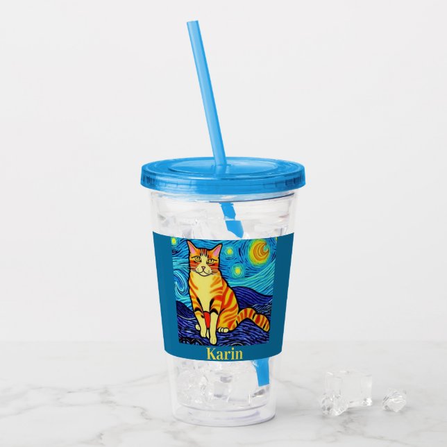 Starry night cat personalized acrylic tumbler (Front Ice)