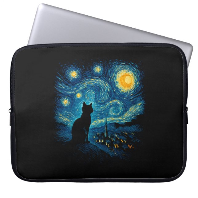 Starry Night Cat Silhouette Laptop Sleeve (Front)