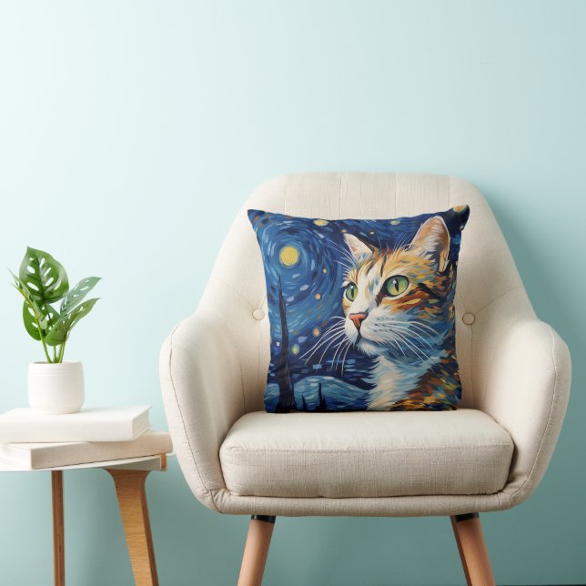 Starry Night Cat Throw Pillow (Chair)