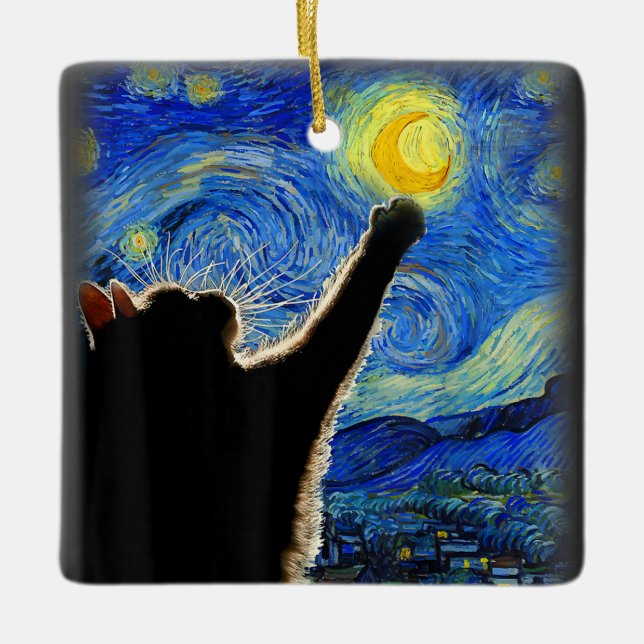 Starry Night Cat, Van Gogh Cat Lover Cat Dad Mom T Ceramic Ornament (Front)