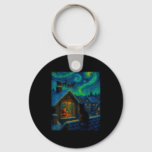 Starry Night Cat Watching Santa Van Gogh Style Chr Keychain
