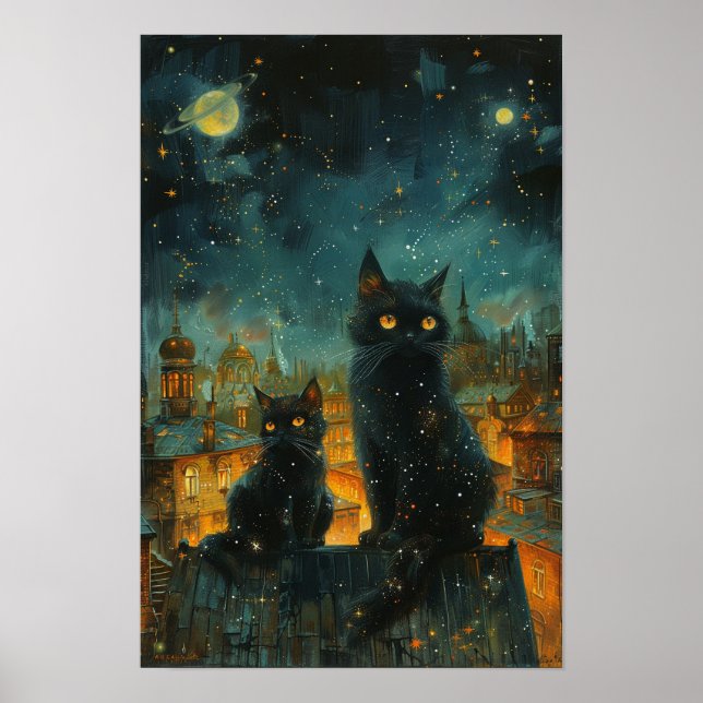 Starry Night Cats: Cosmic City Rooftop Art Poster (Front)