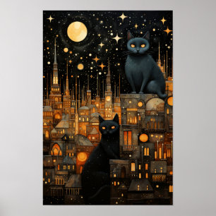 Starry Night Cats: Cosmic City Rooftop Art Poster