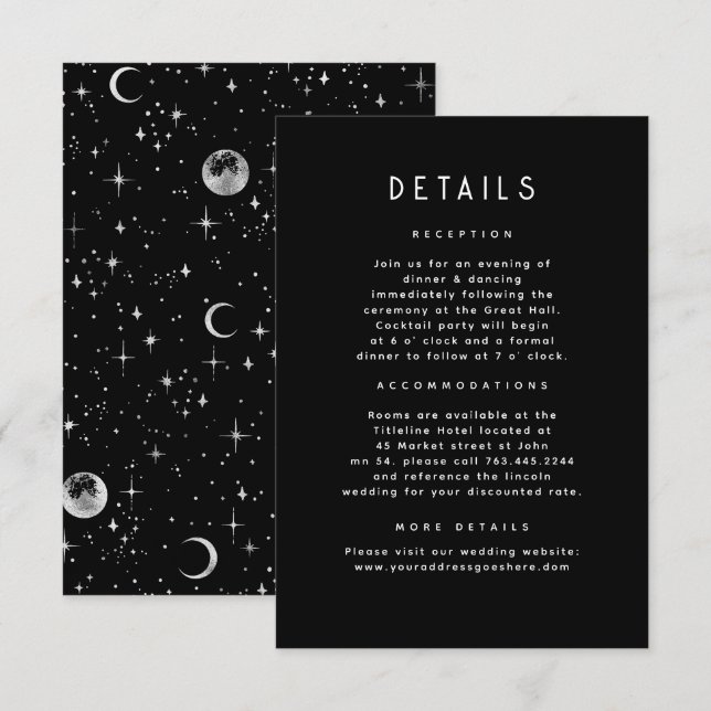 Starry Night Celestial Black Wedding Details Enclosure Card (Front/Back)