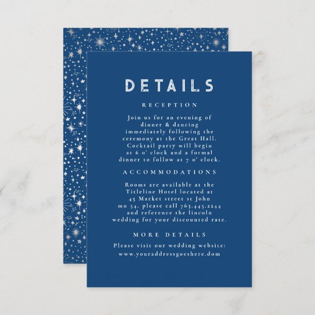 Starry Night Celestial Blue Wedding Details Enclosure Card (Front/Back)