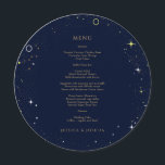 Starry Night Celestial Cosmic Wedding Round Menu<br><div class="desc">Cosmic starry night celestial mystical personalized wedding round menu card featuring galaxy milky way midnight sky with star dust, crescent moon and other astrological symbols in navy blue and golden colours. This card is easily editable. If you need help with the customization of this card or you need more matching...</div>