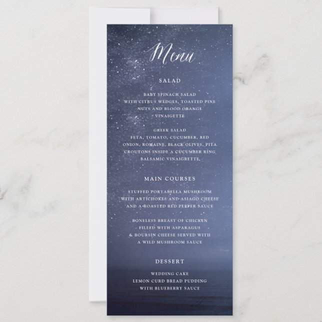 Starry Night Celestial Galaxy Stars Wedding Menu Invitation (Front)
